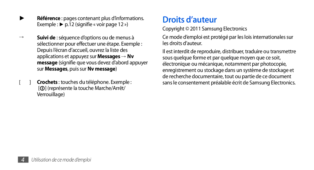 Samsung GT-I9001HKDFTM, GT-I9001HKDSFR manual Droits d’auteur, Exemple p.12 signifie « voir page 12 », Verrouillage 