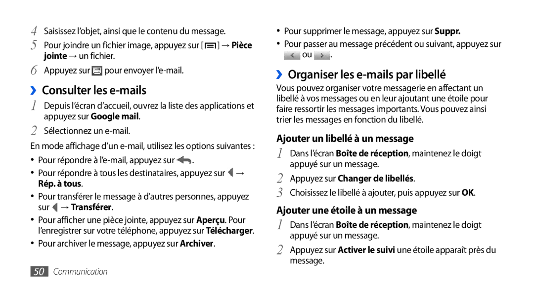 Samsung GT-I9001RWDSFR manual ››Consulter les e-mails, ››Organiser les e-mails par libellé, Ajouter un libellé à un message 