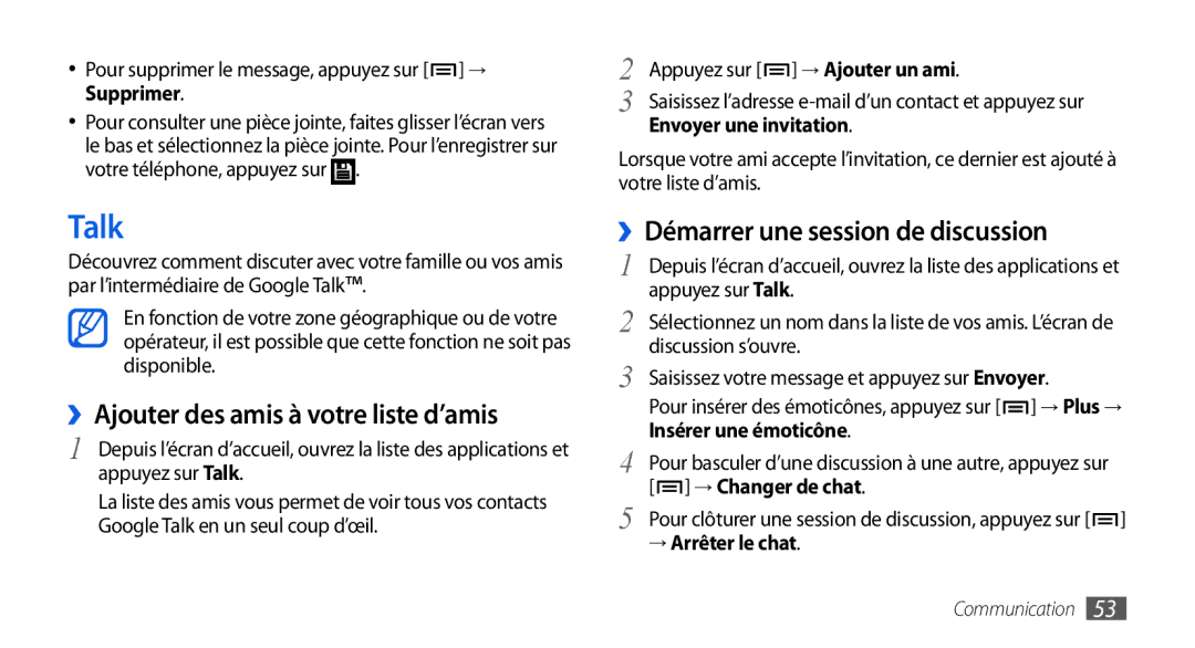 Samsung GT-I9001HKDFTM, GT-I9001HKDSFR Talk, ››Ajouter des amis à votre liste d’amis, ››Démarrer une session de discussion 