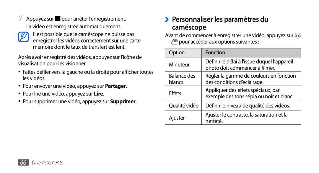 Samsung GT-I9001UWDSFR, GT-I9001HKDSFR manual ››Personnaliser les paramètres du caméscope, Photo doit commencer à filmer 