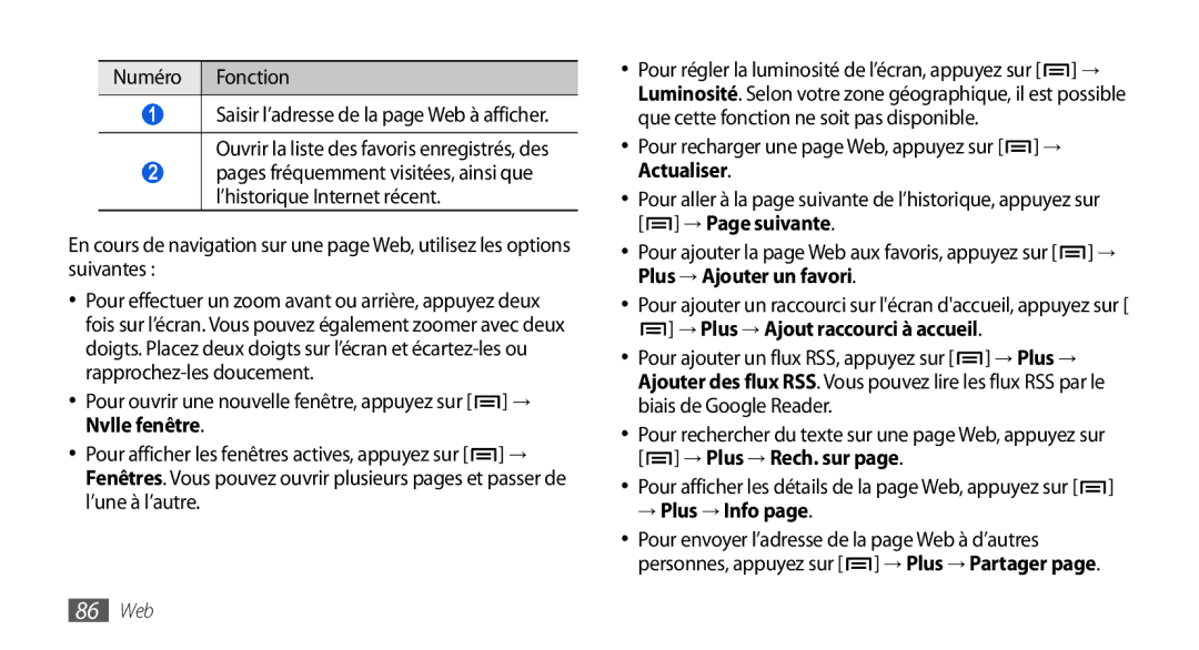 Samsung GT-I9001HKDXEF, GT-I9001HKDSFR, GT-I9001RWDSFR Nvlle fenêtre, → Plus → Ajout raccourci à accueil, → Plus → Info 