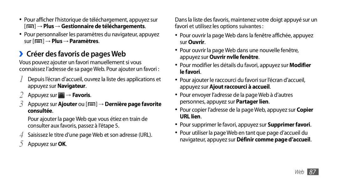 Samsung GT-I9001UWDSFR, GT-I9001HKDSFR, GT-I9001RWDSFR, GT-I9001HKDXEF manual ››Créer des favoris de pages Web, Consultée 
