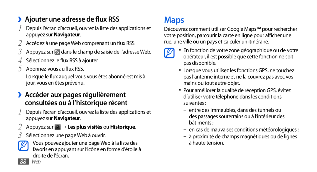 Samsung GT-I9001HKDFTM, GT-I9001HKDSFR, GT-I9001RWDSFR, GT-I9001HKDXEF manual Maps, ››Ajouter une adresse de flux RSS 