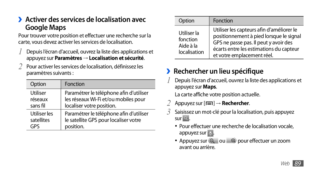 Samsung GT-I9001HKDBOG manual Google Maps, ››Rechercher un lieu spécifique, ››Activer des services de localisation avec 