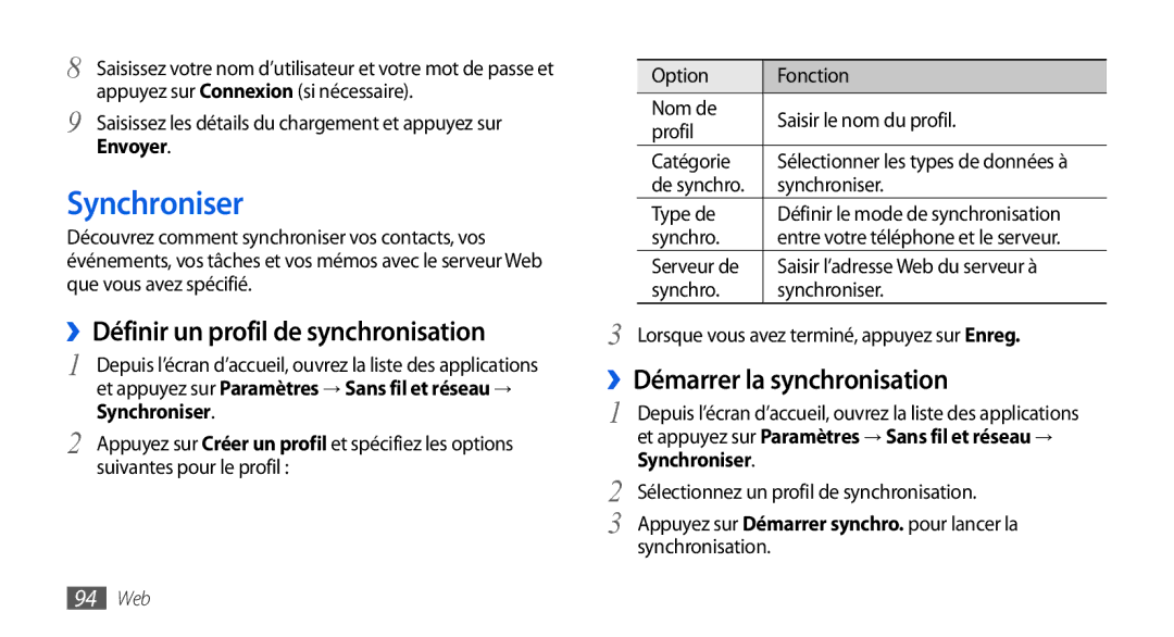 Samsung GT-I9001UWDSFR, GT-I9001HKDSFR, GT-I9001RWDSFR, GT-I9001HKDXEF Synchroniser, ››Définir un profil de synchronisation 