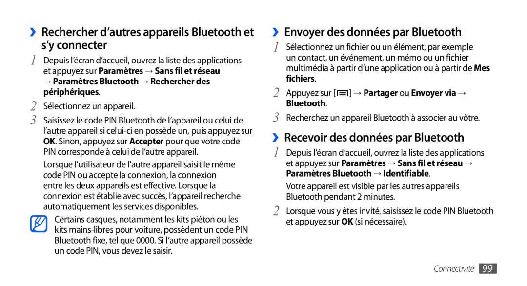 Samsung GT-I9001RWDSFR ››Rechercher d’autres appareils Bluetooth et s’y connecter, ››Envoyer des données par Bluetooth 