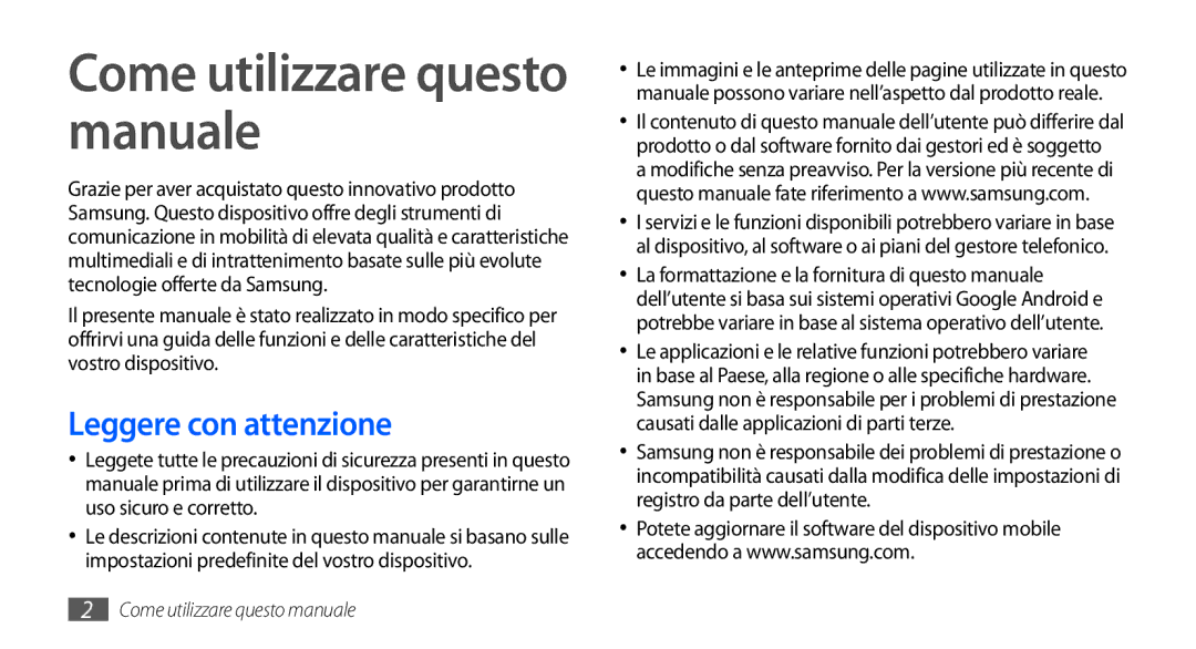 Samsung GT-I9001HKDTIM, GT-I9001UWDITV, GT-I9001HKDWIN Come utilizzare questo manuale, Leggere con attenzione 