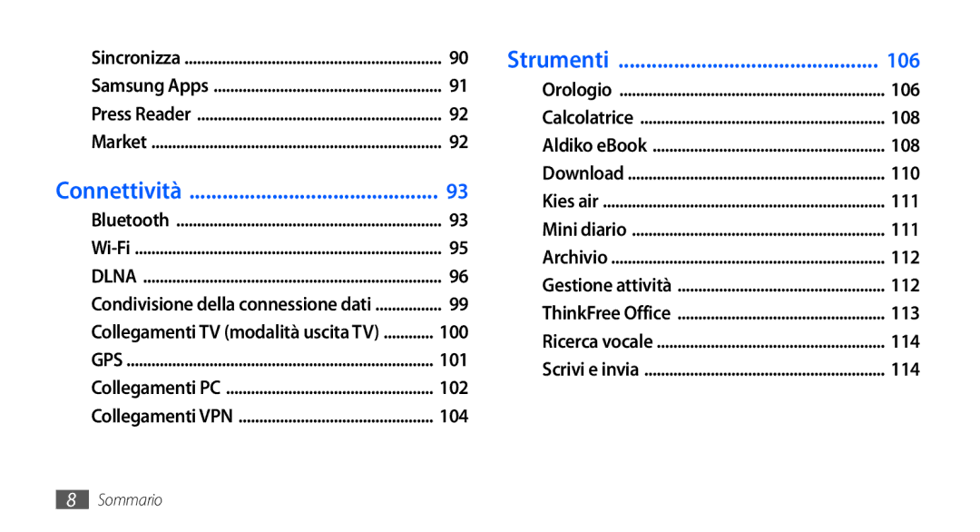 Samsung GT-I9001UWDITV, GT-I9001HKDWIN, GT-I9001HKDTIM, GT-I9001HKDITV, GT-I9001HKDHUI, GT-I9001UWDTIM manual Strumenti 