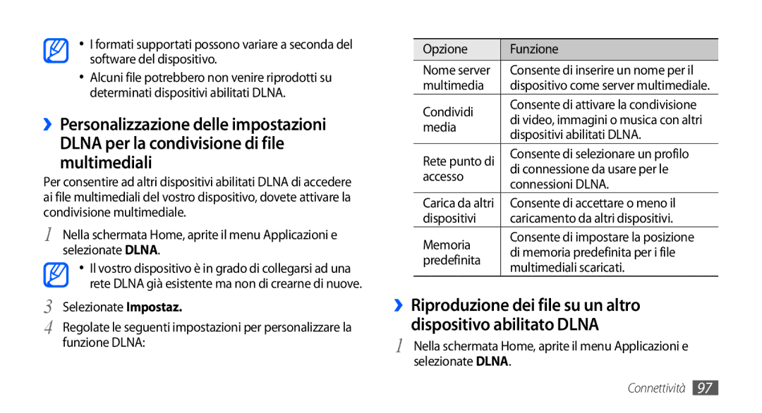 Samsung GT-I9001HKDWIN manual Dlna per la condivisione di file multimediali, ››Personalizzazione delle impostazioni 