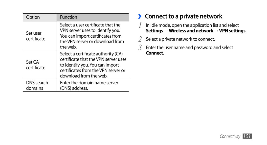 Samsung GT-I9003 user manual ›› Connect to a private network, Select a private network to connect 