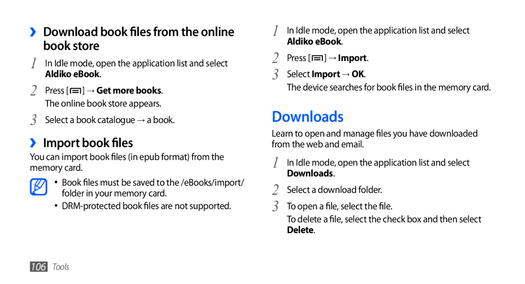 Samsung GT-I9003 user manual Downloads, ›› Download book files from the online book store, ›› Import book files 