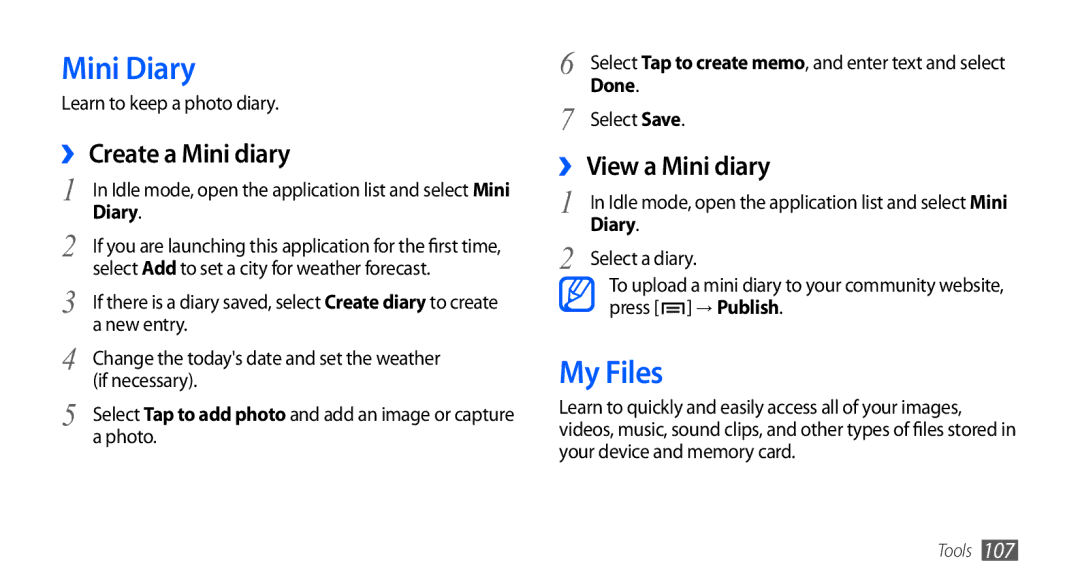 Samsung GT-I9003 user manual Mini Diary, My Files, ›› Create a Mini diary, ›› View a Mini diary 