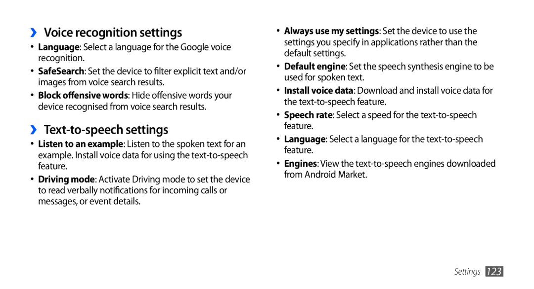 Samsung GT-I9003 user manual ›› Voice recognition settings, ›› Text-to-speech settings 