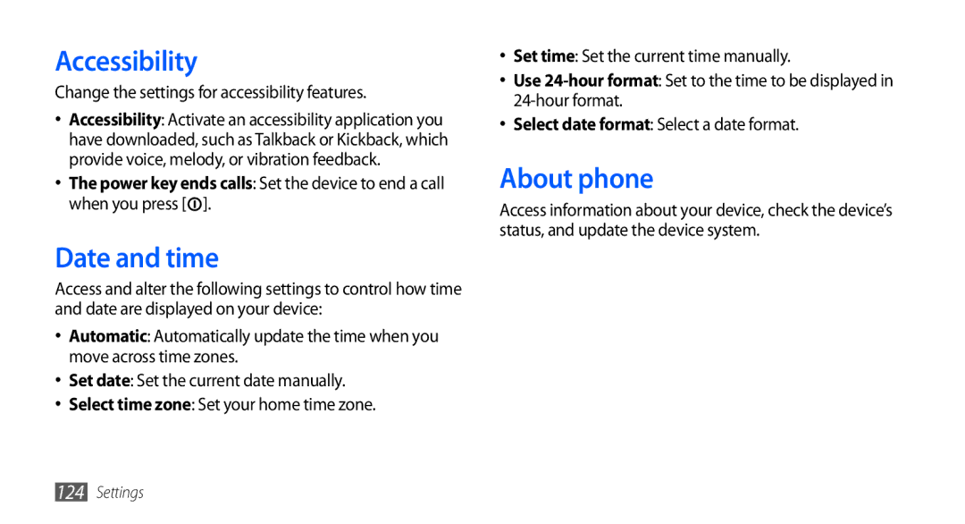 Samsung GT-I9003 user manual Accessibility, Date and time, About phone, Change the settings for accessibility features 