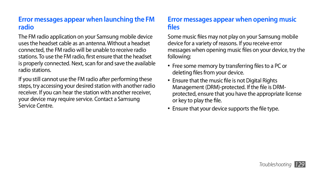 Samsung GT-I9003 Error messages appear when launching the FM radio, Error messages appear when opening music files 