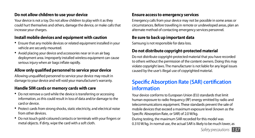 Samsung GT-I9003 Specific Absorption Rate SAR certification information, Do not allow children to use your device 