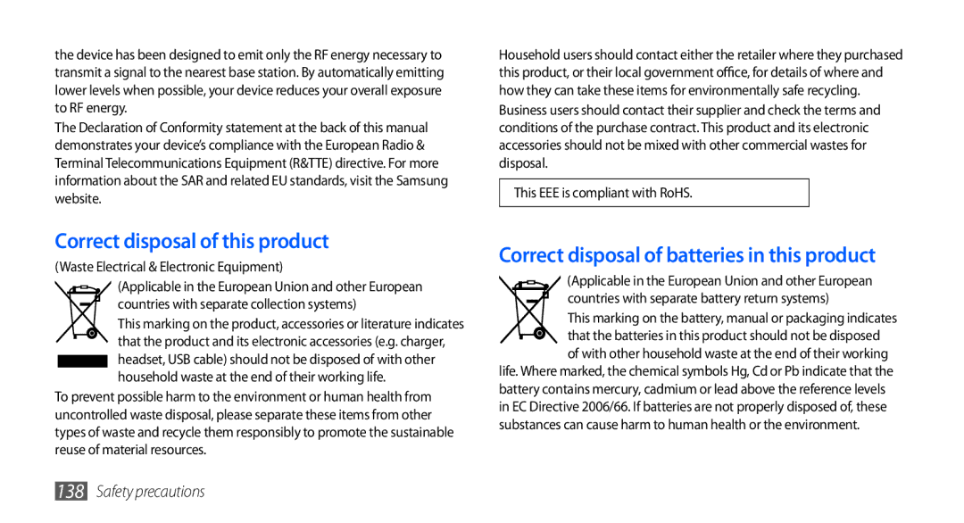 Samsung GT-I9003 user manual Correct disposal of this product, Correct disposal of batteries in this product 