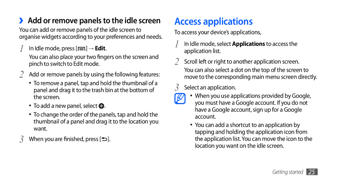 Samsung GT-I9003 Access applications, To access your device’s applications, Application list, Select an application 