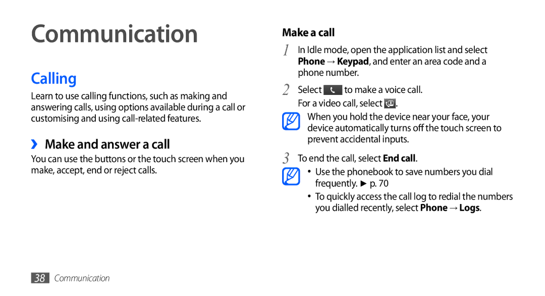 Samsung GT-I9003 user manual Communication, Calling, ›› Make and answer a call, Phone number 