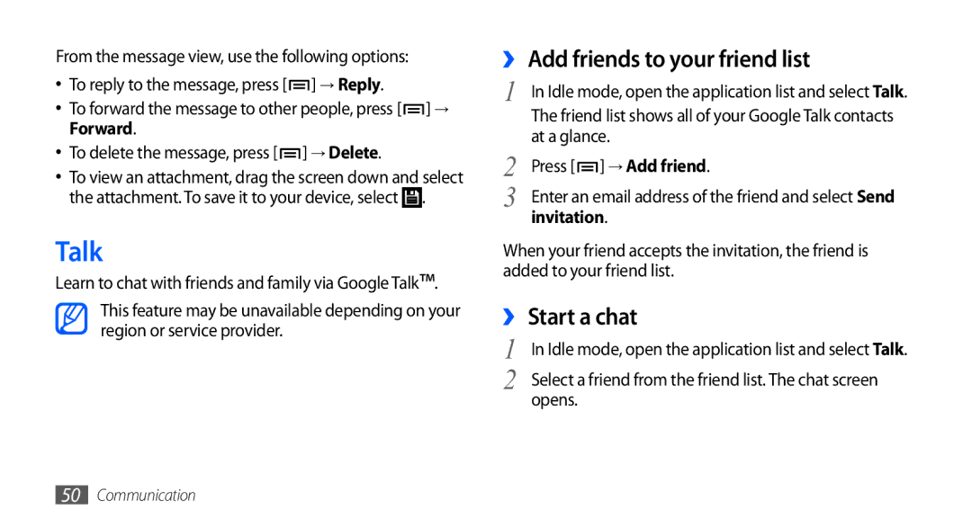 Samsung GT-I9003 user manual Talk, ›› Add friends to your friend list, ›› Start a chat, Invitation, Opens 