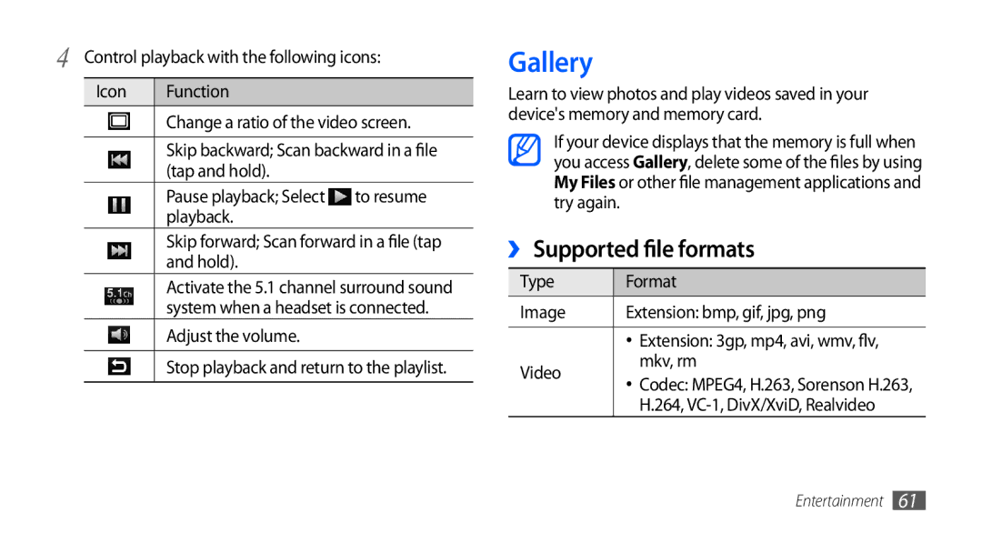 Samsung GT-I9003 user manual Gallery, ›› Supported file formats 