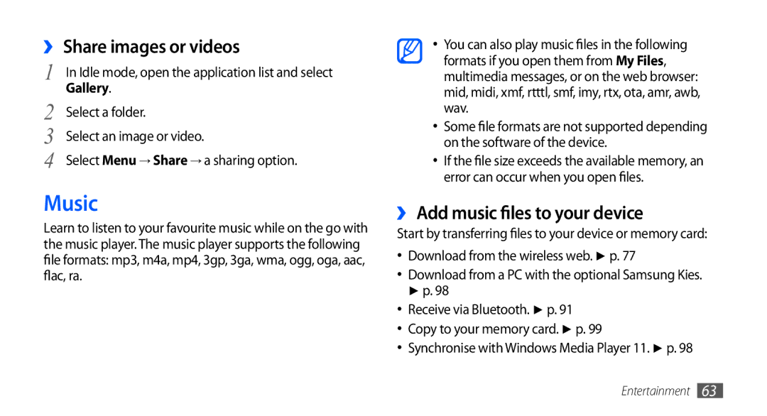 Samsung GT-I9003 user manual Music, ›› Share images or videos, ›› Add music files to your device 