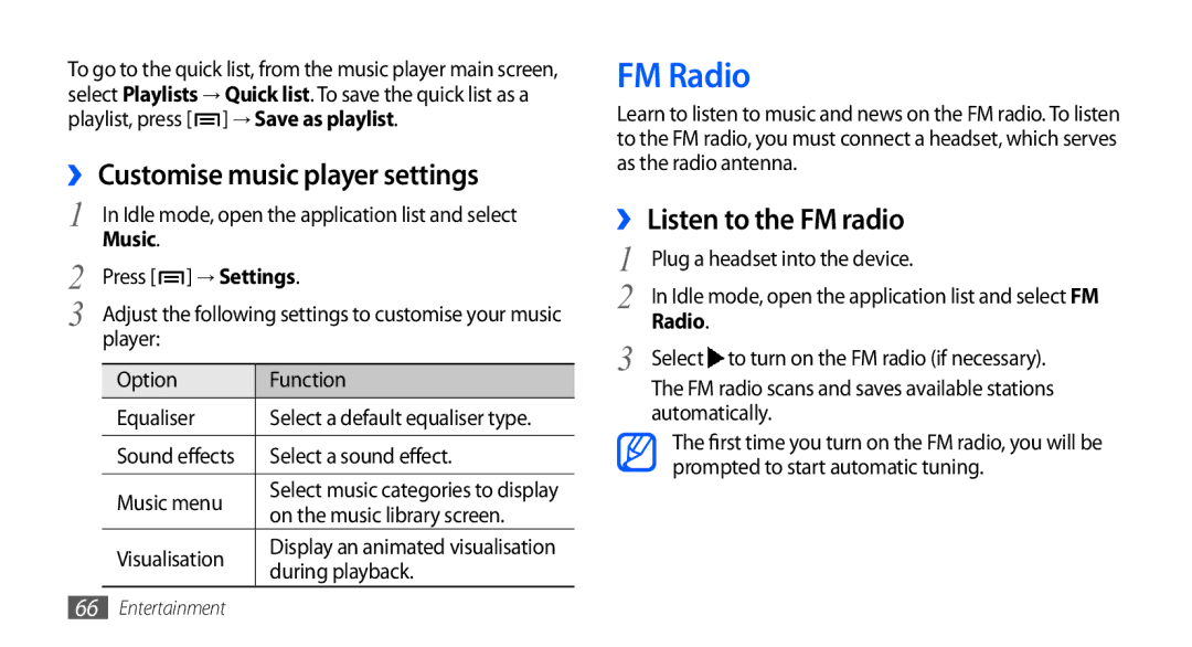 Samsung GT-I9003 user manual FM Radio, ›› Customise music player settings, ›› Listen to the FM radio 