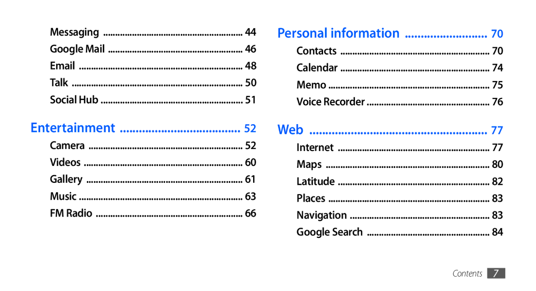 Samsung GT-I9003 user manual Entertainment, Personal information, Web 