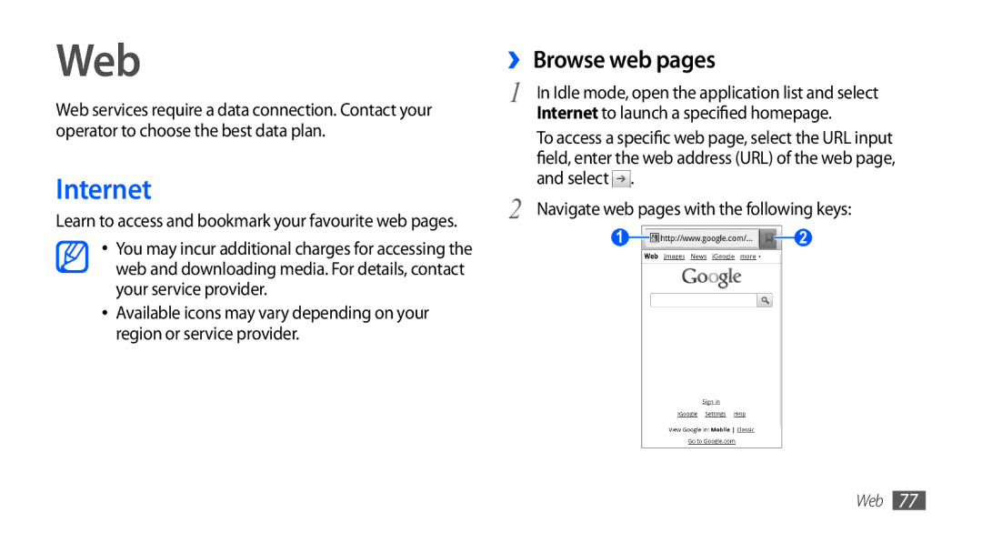 Samsung GT-I9003 user manual Web, ›› Browse web pages, Internet to launch a specified homepage 