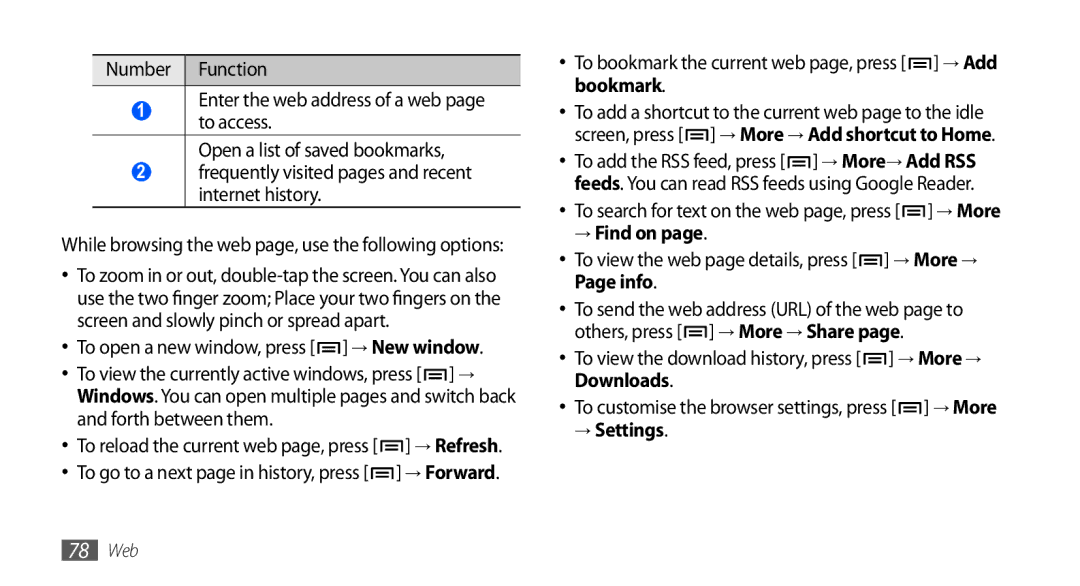 Samsung GT-I9003 user manual To bookmark the current web page, press → Add bookmark, → Find on 