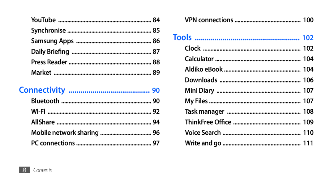 Samsung GT-I9003 user manual Connectivity, Tools 