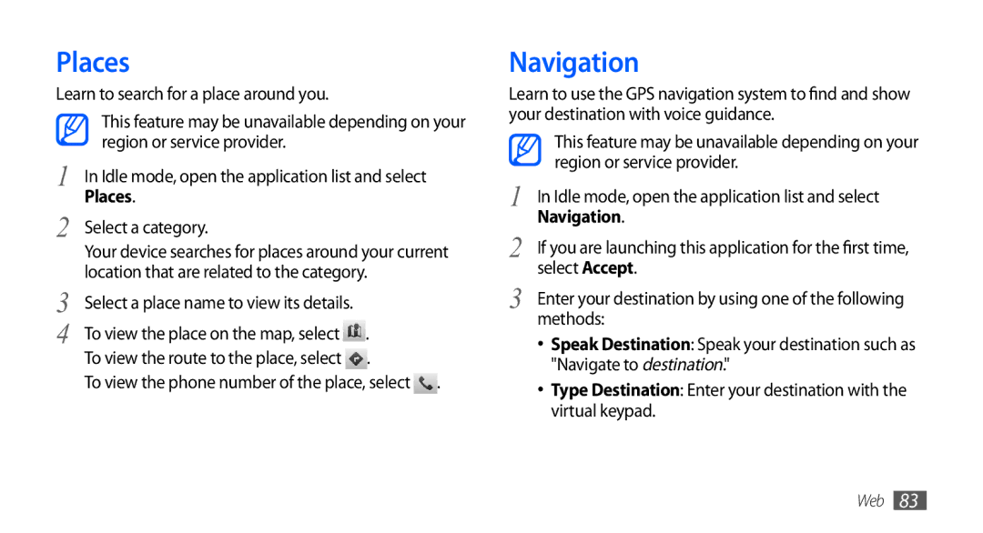 Samsung GT-I9003 user manual Places, Navigation 