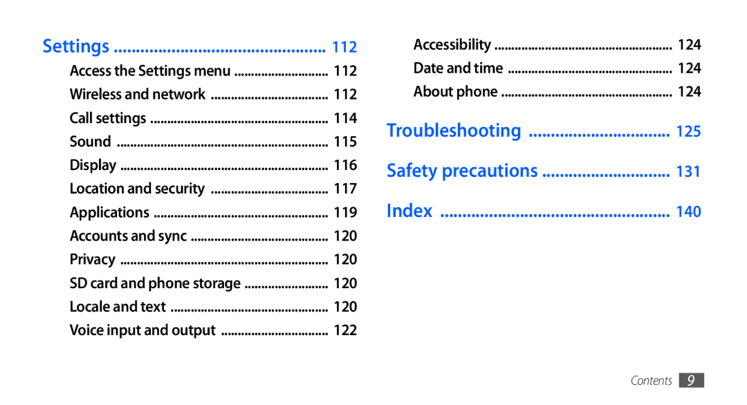 Samsung GT-I9003 user manual Settings, Troubleshooting, Safety precautions, Index 