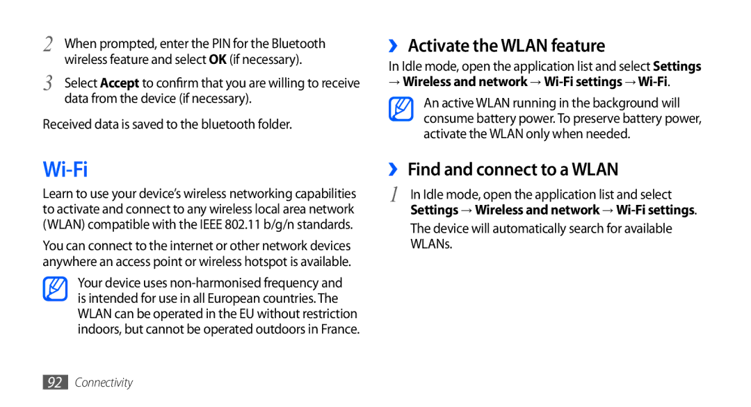 Samsung GT-I9003 user manual Wi-Fi, ›› Activate the Wlan feature, ›› Find and connect to a Wlan 