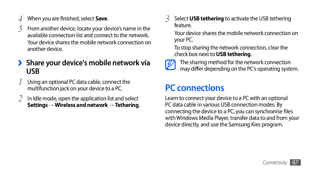 Samsung GT-I9003 user manual PC connections, Feature, Your device shares the mobile network connection on your PC 