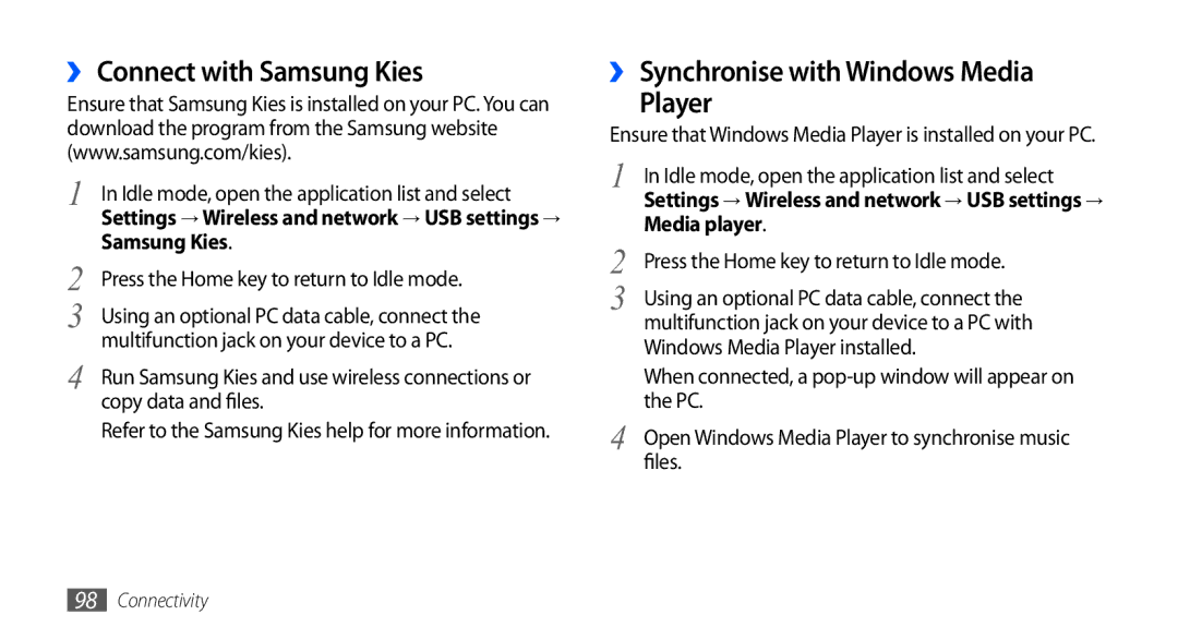 Samsung GT-I9003 user manual ›› Connect with Samsung Kies, ›› Synchronise with Windows Media Player, Media player 