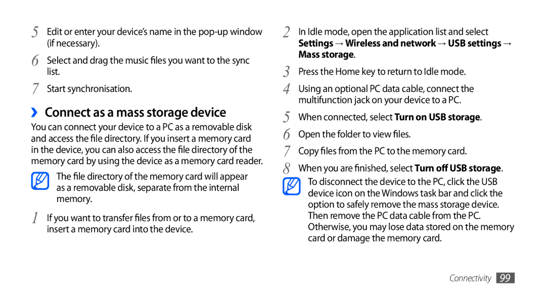 Samsung GT-I9003 ›› Connect as a mass storage device, List, Start synchronisation, Insert a memory card into the device 