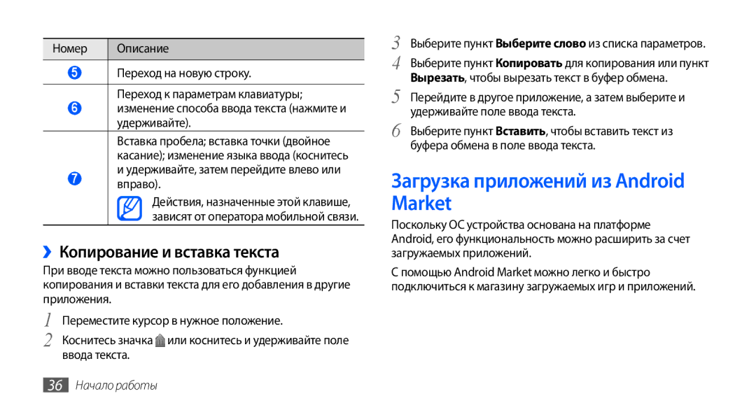 Samsung GT-I9003ISDSEB manual Загрузка приложений из Android Market, ››Копирование и вставка текста, 36 Начало работы 