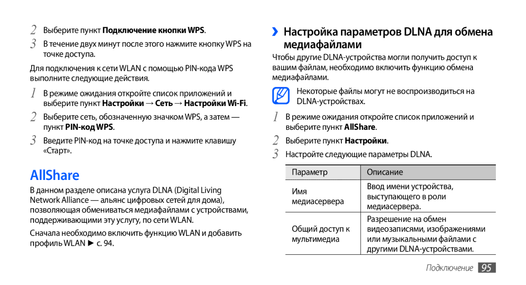 Samsung GT-I9003NKOSER, GT-I9003ISDSEB, GT-I9003MKDSEB manual AllShare, ››Настройка параметров Dlna для обмена медиафайлами 