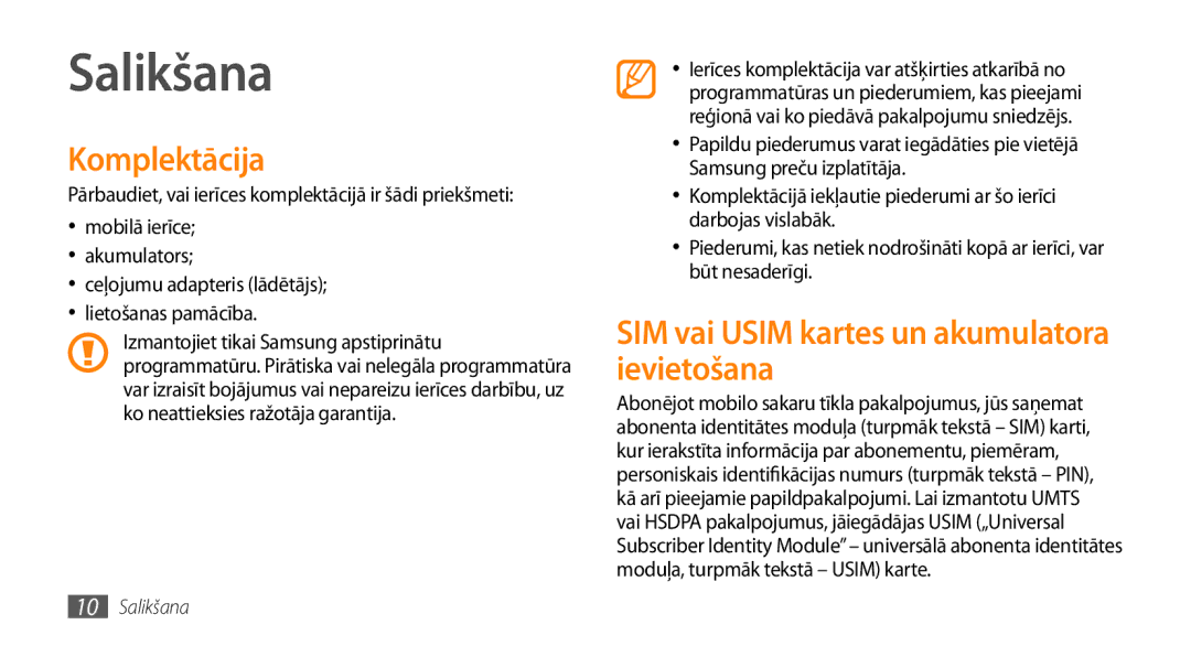 Samsung GT-I9003ISDSEB, GT-I9003MKDSEB manual Salikšana, Komplektācija, SIM vai Usim kartes un akumulatora ievietošana 