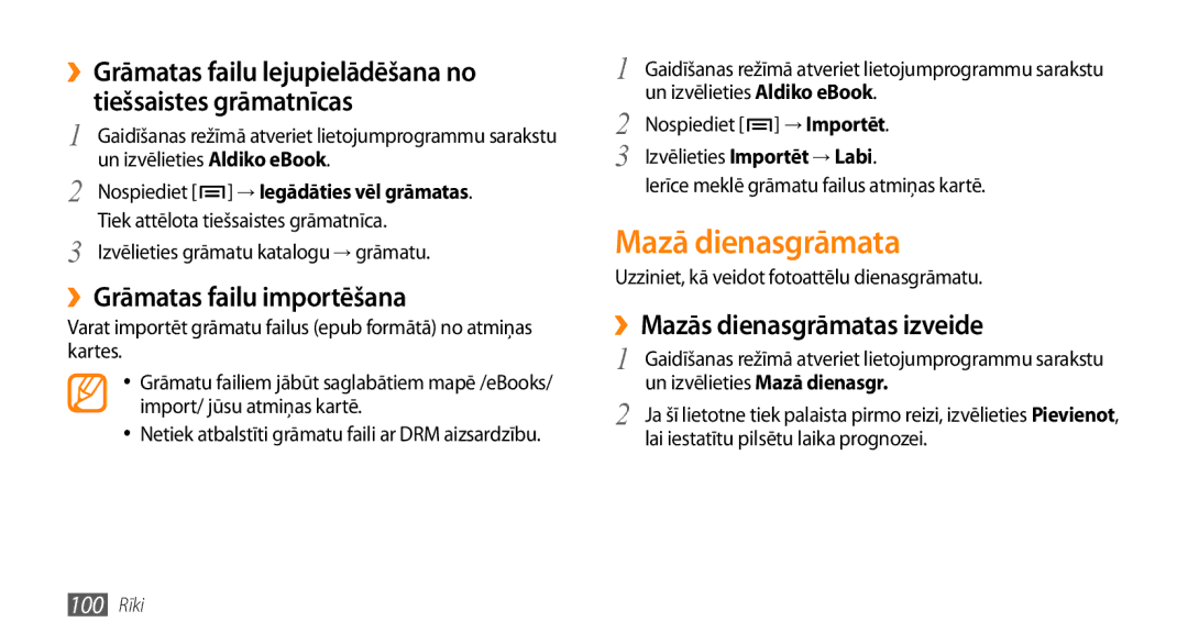 Samsung GT-I9003ISDSEB, GT-I9003MKDSEB Mazā dienasgrāmata, ››Grāmatas failu importēšana, ››Mazās dienasgrāmatas izveide 