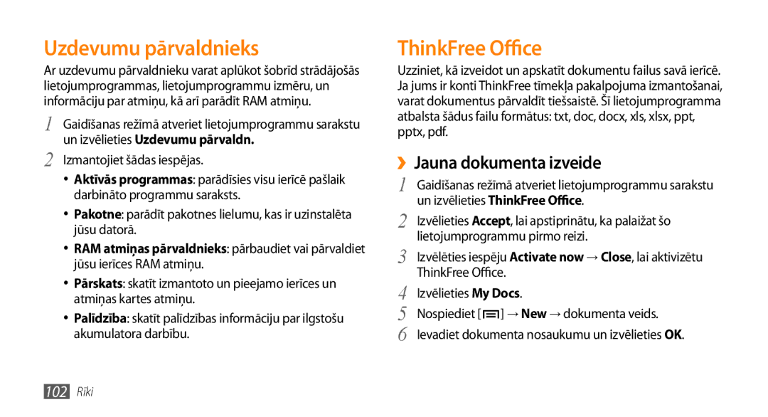 Samsung GT-I9003ISDSEB, GT-I9003MKDSEB manual Uzdevumu pārvaldnieks, ThinkFree Office, ››Jauna dokumenta izveide 