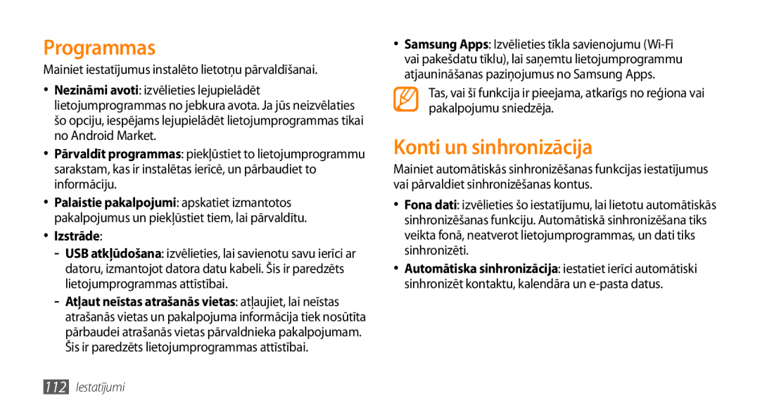 Samsung GT-I9003ISDSEB, GT-I9003MKDSEB manual Programmas, Konti un sinhronizācija, Izstrāde 