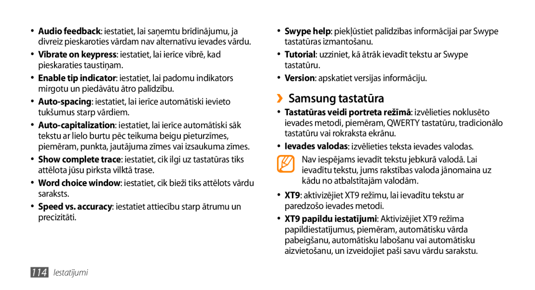 Samsung GT-I9003ISDSEB, GT-I9003MKDSEB manual ››Samsung tastatūra, Ievades valodas izvēlieties teksta ievades valodas 