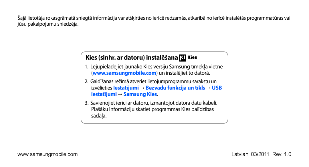 Samsung GT-I9003ISDSEB, GT-I9003MKDSEB manual Kies sinhr. ar datoru instalēšana 