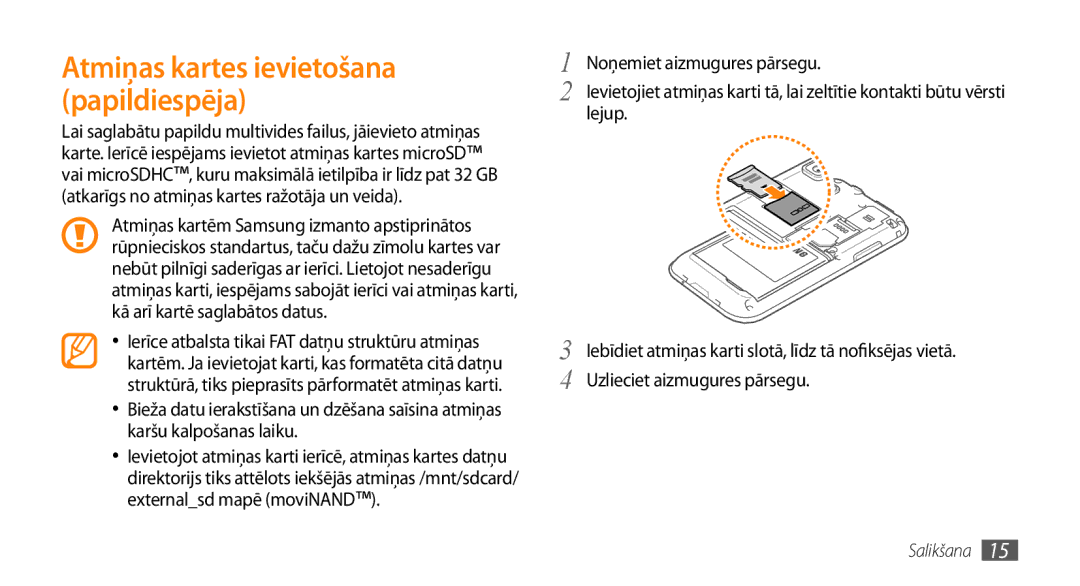 Samsung GT-I9003MKDSEB, GT-I9003ISDSEB manual Atmiņas kartes ievietošana papildiespēja 