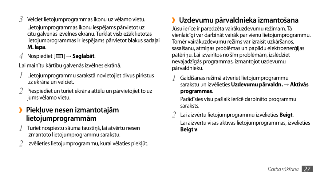 Samsung GT-I9003MKDSEB manual ››Uzdevumu pārvaldnieka izmantošana, Lapa, ››Piekļuve nesen izmantotajām lietojumprogrammām 