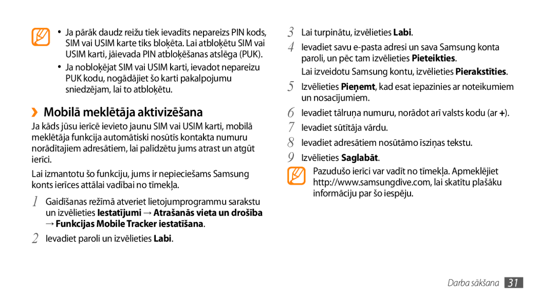 Samsung GT-I9003MKDSEB, GT-I9003ISDSEB manual ››Mobilā meklētāja aktivizēšana, → Funkcijas Mobile Tracker iestatīšana 