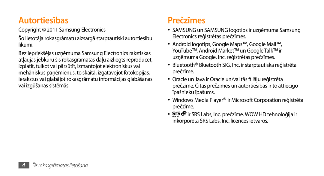 Samsung GT-I9003ISDSEB, GT-I9003MKDSEB manual Autortiesības, Prečzīmes 