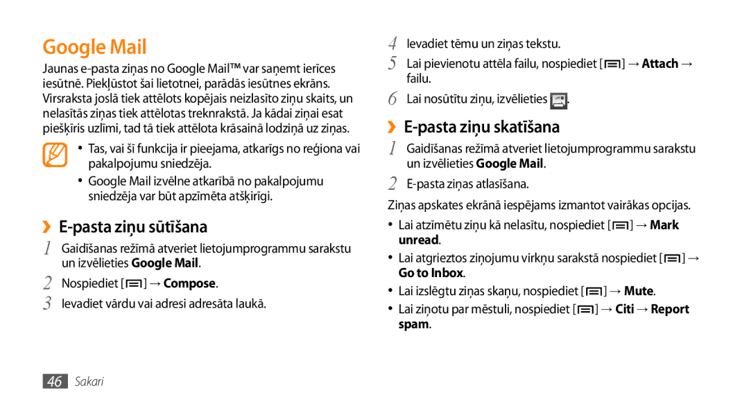 Samsung GT-I9003ISDSEB, GT-I9003MKDSEB manual Google Mail, ››E-pasta ziņu sūtīšana, ››E-pasta ziņu skatīšana 